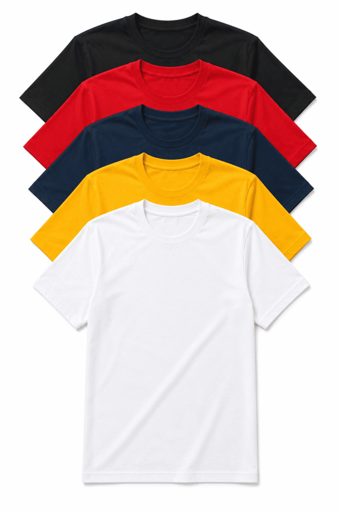 Colorful custom promotional T shirts on white background for branding and corporate printing