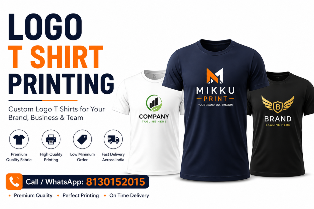 Custom logo T shirt printing services in Delhi NCR for businesses, startups, events and corporate teams by Mikku Print