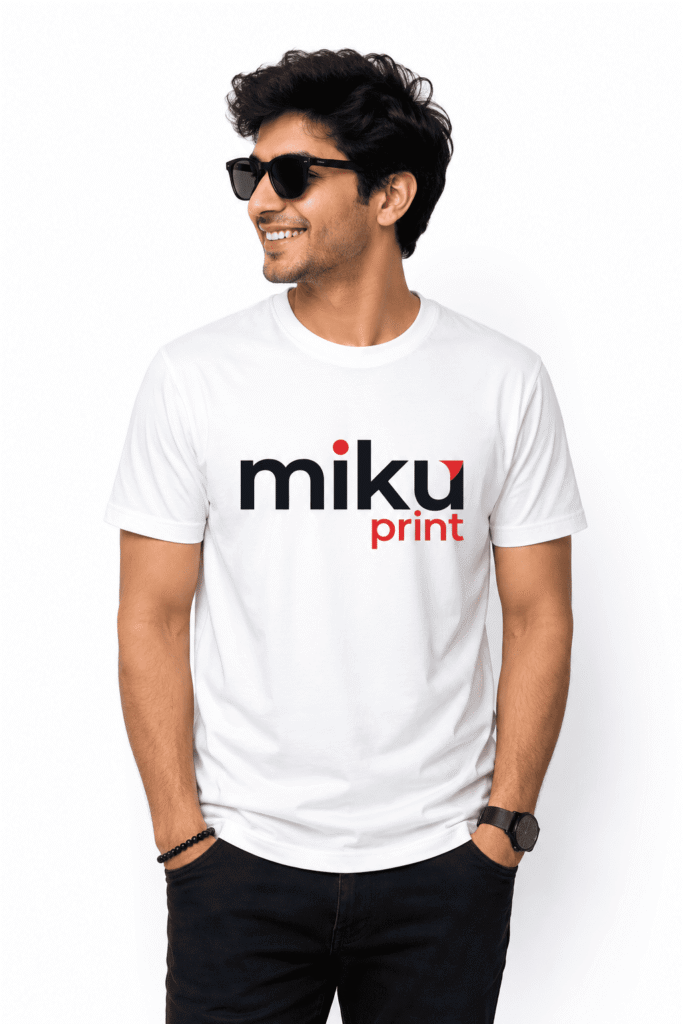 College fest T shirts printing mockup with custom Mikku Print logo on white background